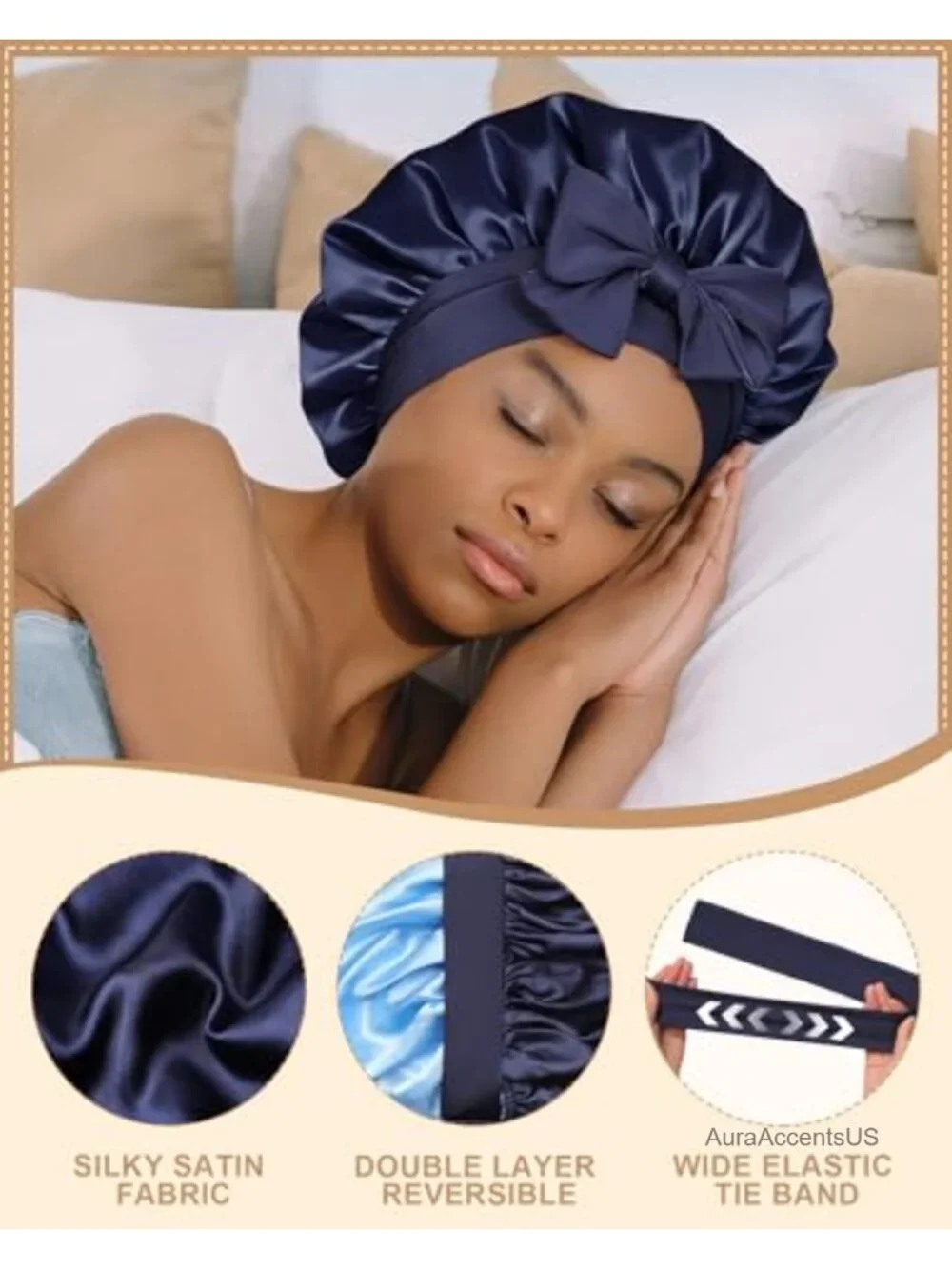 Reversible Satin Sleep Bonnet with Elastic Tie Band for Hair Protection